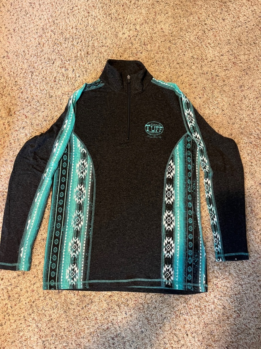 Cowgirl Tuff Women’s Black Pullover with Teal Aztec Accents size medium